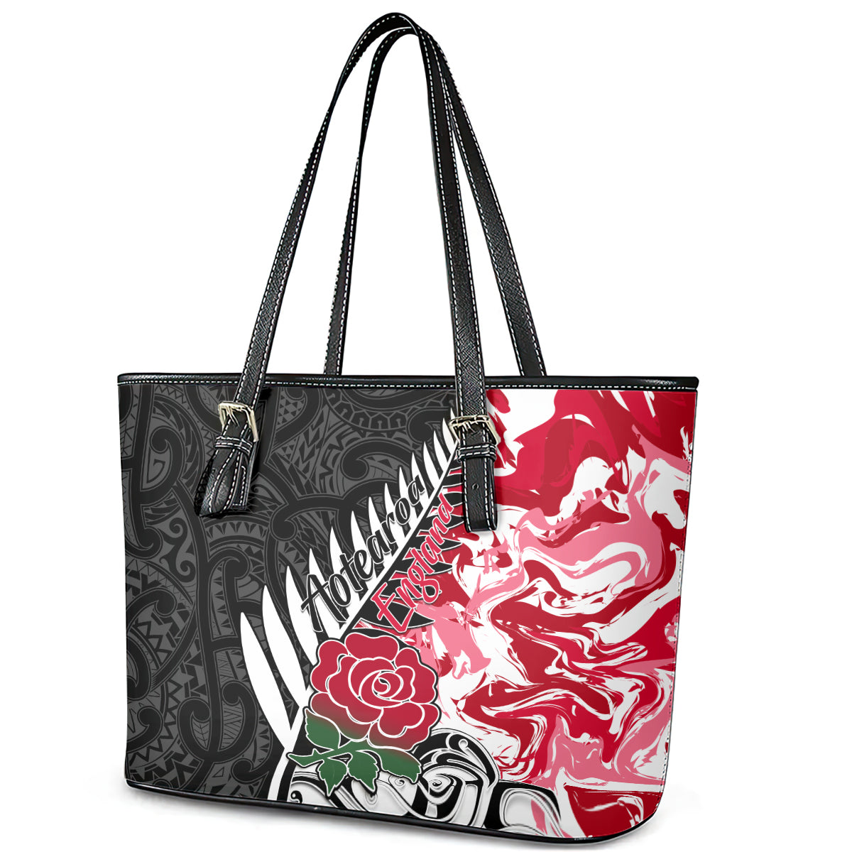 Custom New Zealand and England Rugby Leather Tote Bag Silver Fern With Red Rose World Cup 2023 LT01