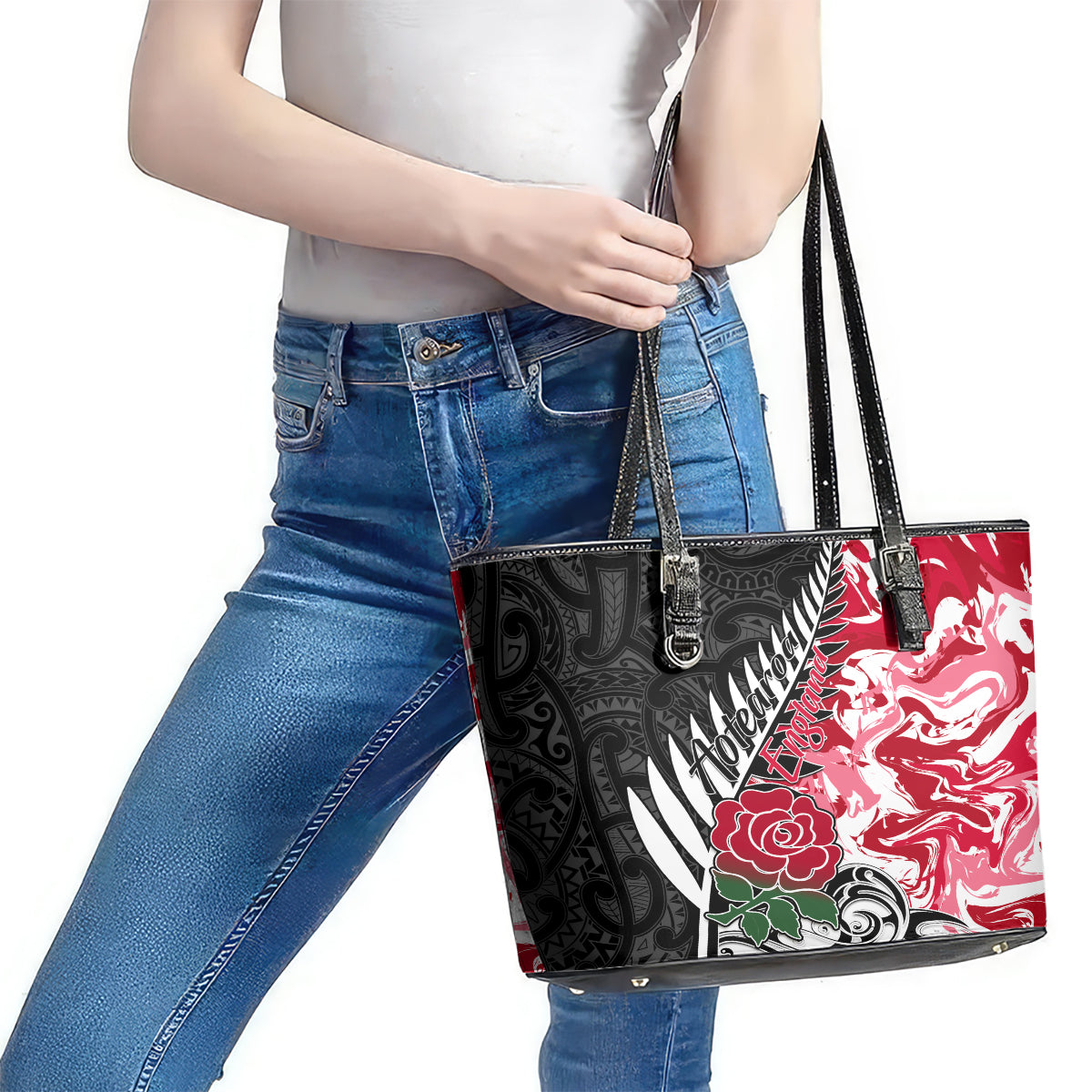 Custom New Zealand and England Rugby Leather Tote Bag Silver Fern With Red Rose World Cup 2023 LT01