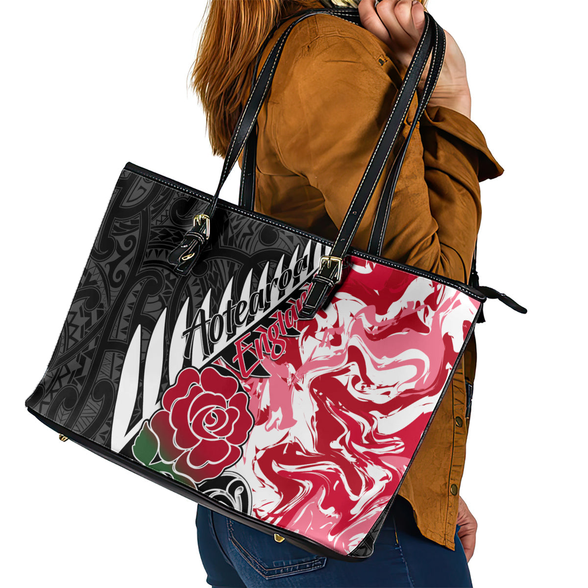 Custom New Zealand and England Rugby Leather Tote Bag Silver Fern With Red Rose World Cup 2023 LT01