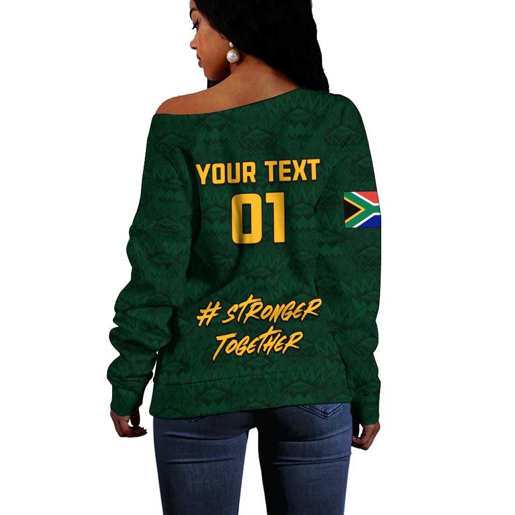 Custom South Africa Rugby Off Shoulder Sweater - Stronger Together, Stronger Forever, Bokke World Cup LT01