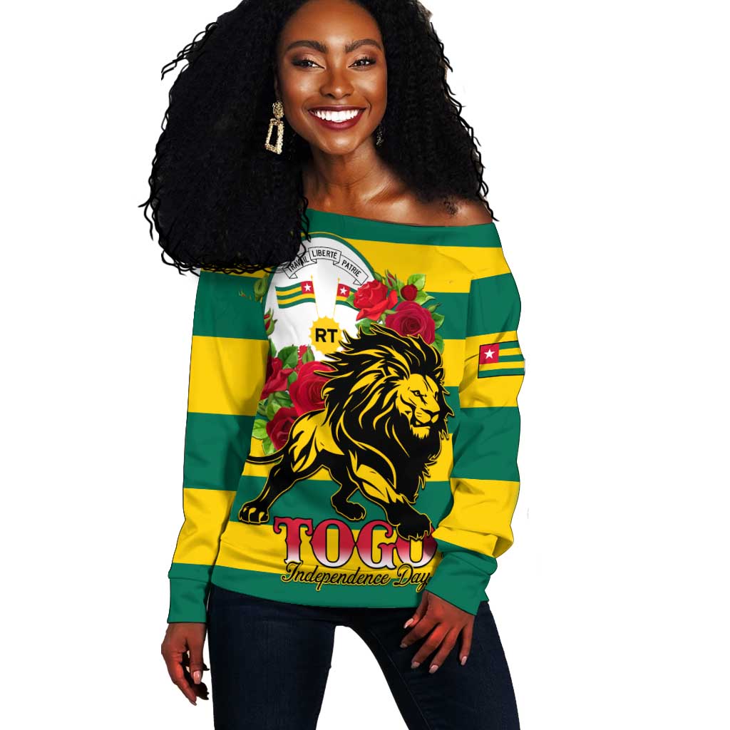 Togo Independence Day Off Shoulder Sweater Lion With Rosa Flag Style LT01