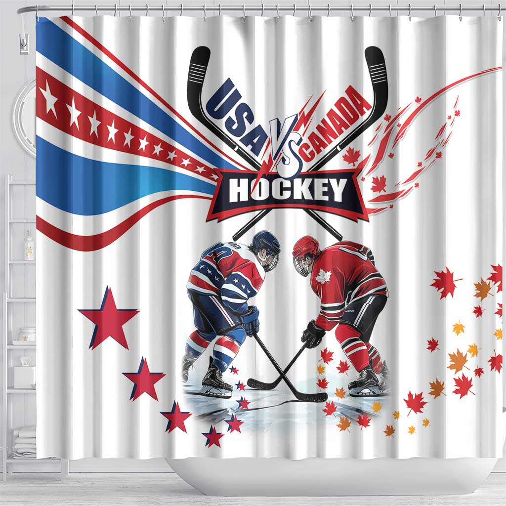 USA vs Canada Ice Hockey Face Off Shower Curtain Stars Maple Leaf LT01