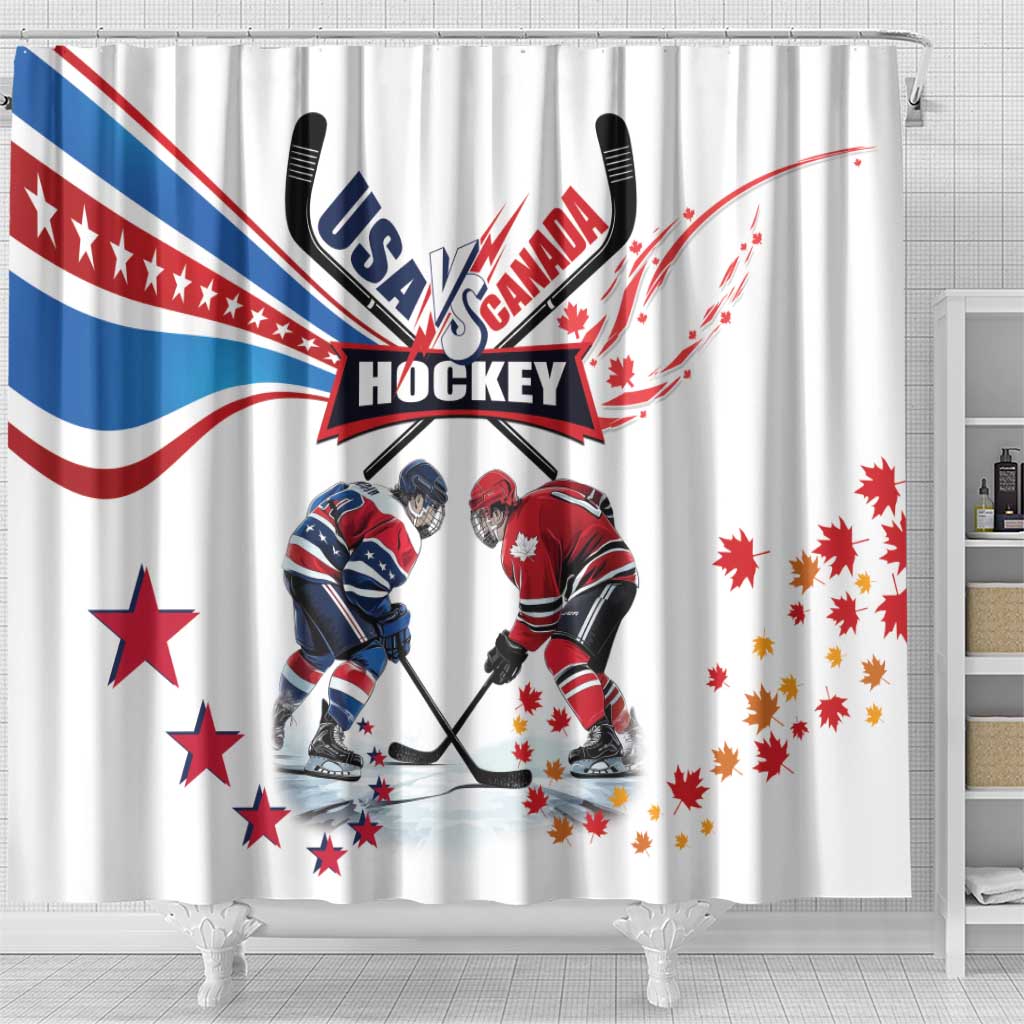 USA vs Canada Ice Hockey Face Off Shower Curtain Stars Maple Leaf LT01