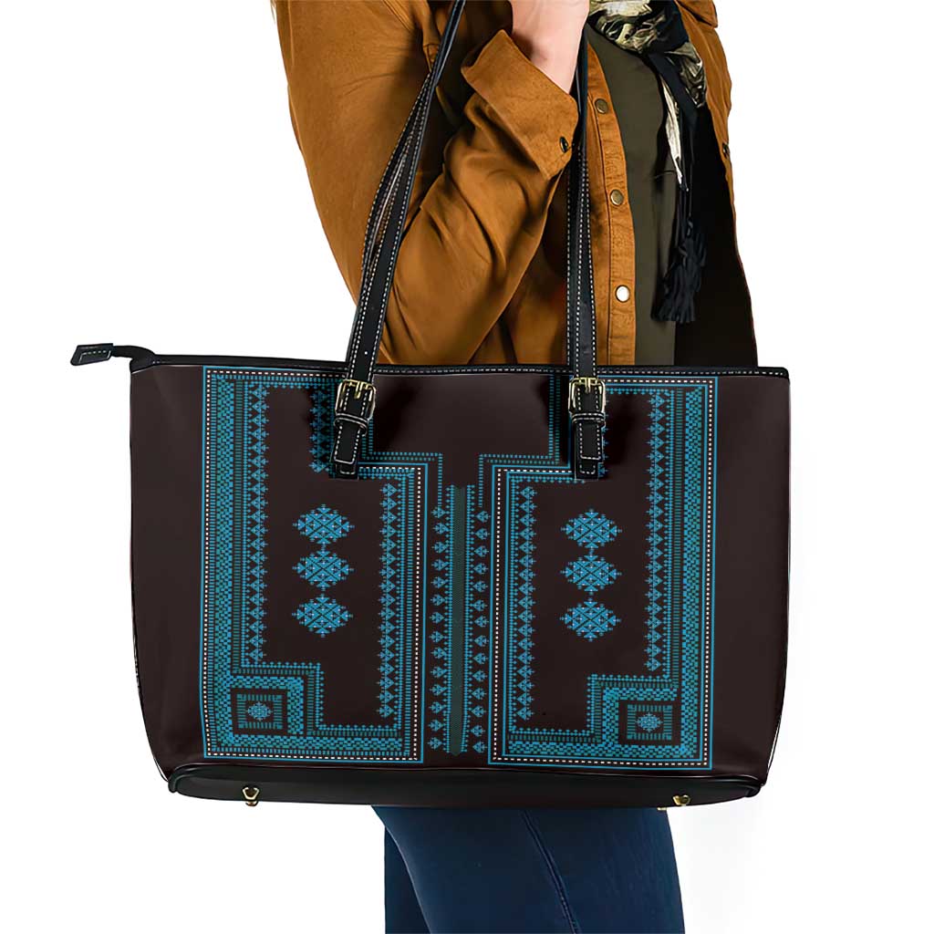 Bulgaria Traditional Pattern Blue Leather Tote Bag Balkan Culture LT01