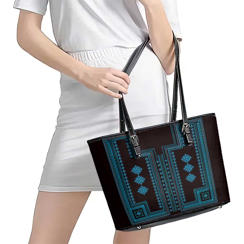Bulgaria Traditional Pattern Blue Leather Tote Bag Balkan Culture LT01