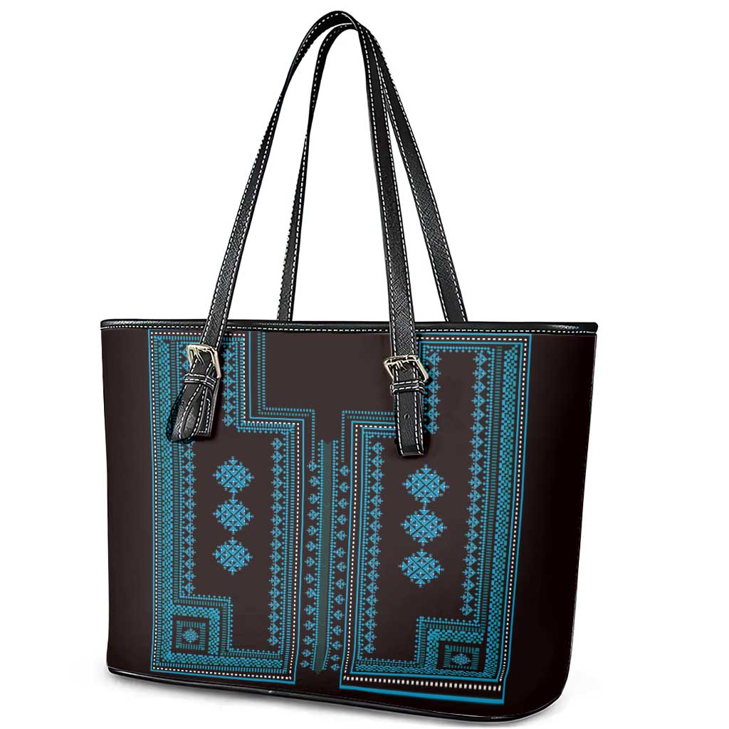 Bulgaria Traditional Pattern Blue Leather Tote Bag Balkan Culture LT01
