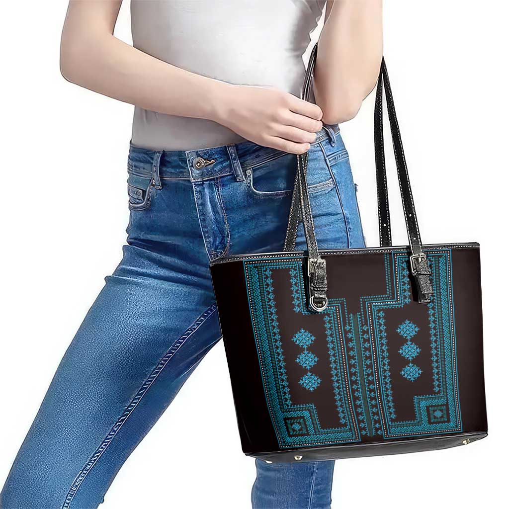 Bulgaria Traditional Pattern Blue Leather Tote Bag Balkan Culture LT01