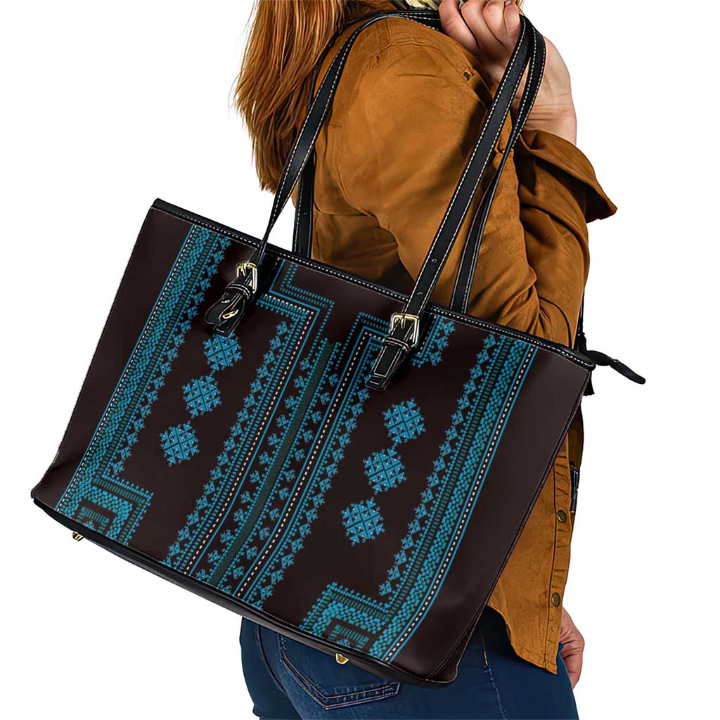 Bulgaria Traditional Pattern Blue Leather Tote Bag Balkan Culture LT01