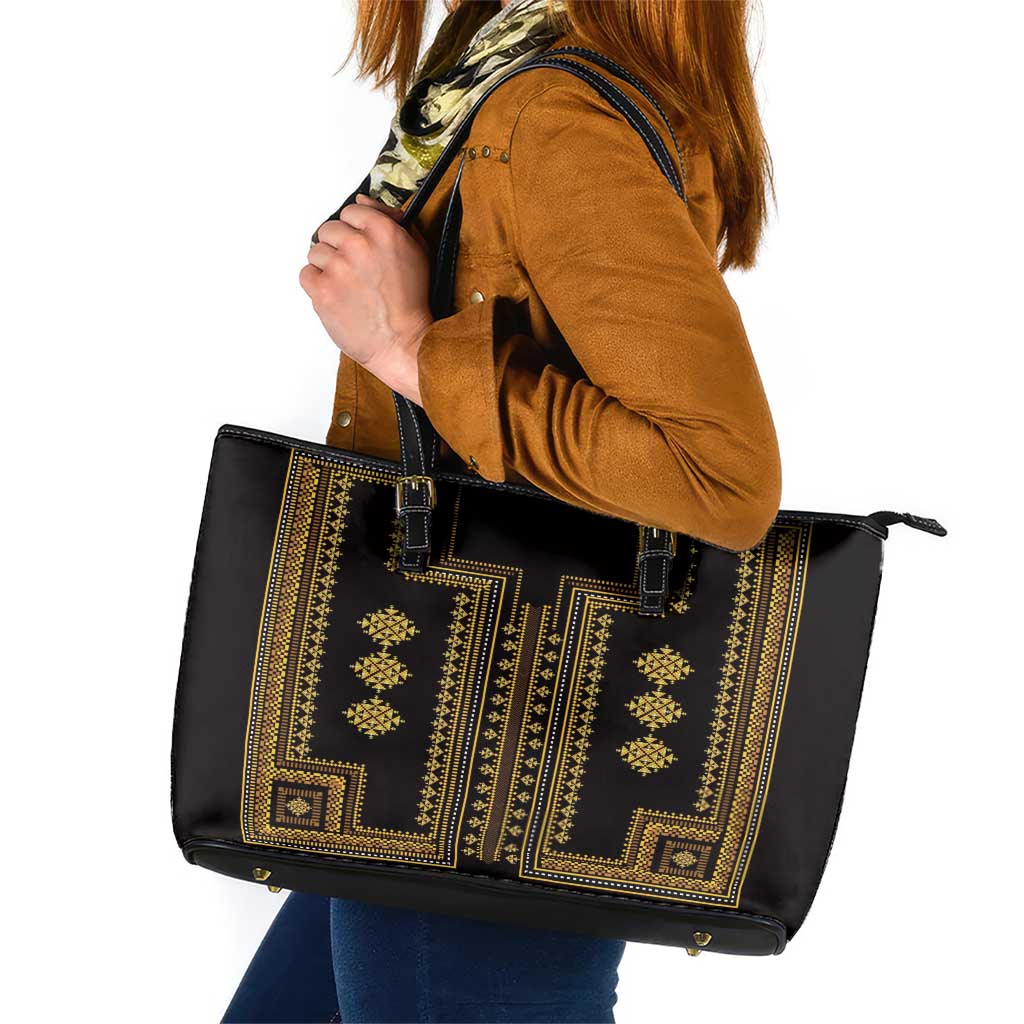 Bulgaria Traditional Pattern Gold Leather Tote Bag Balkan Culture LT01