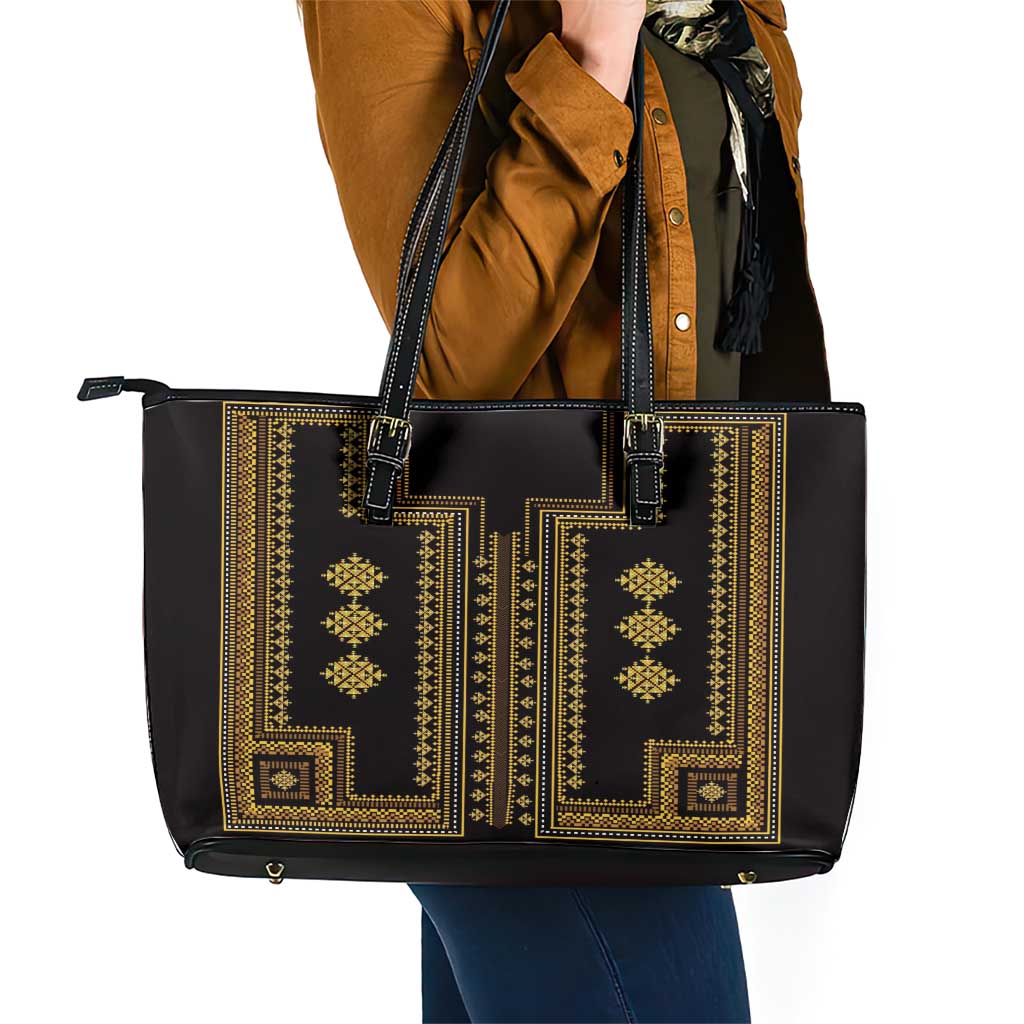 Bulgaria Traditional Pattern Gold Leather Tote Bag Balkan Culture LT01
