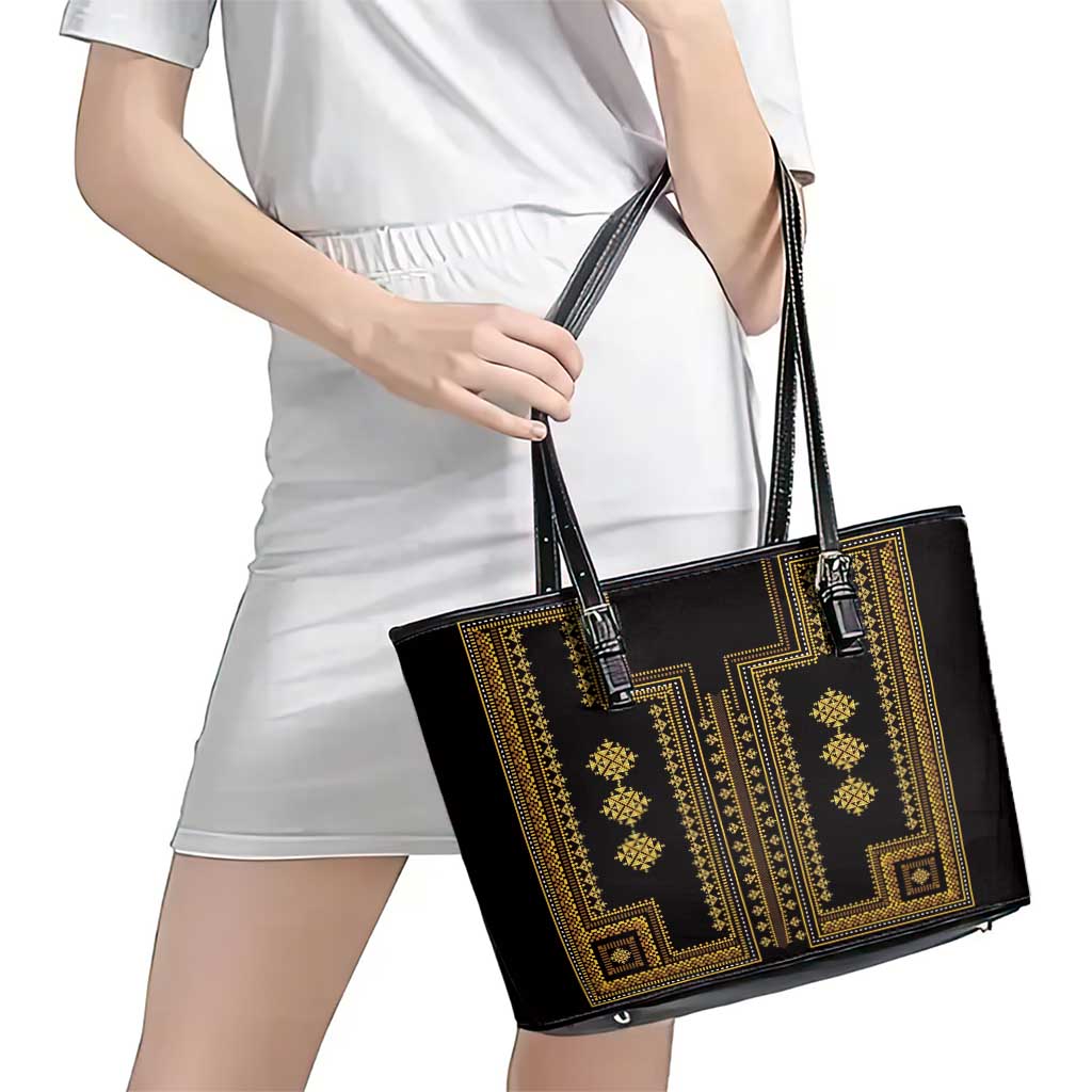 Bulgaria Traditional Pattern Gold Leather Tote Bag Balkan Culture LT01