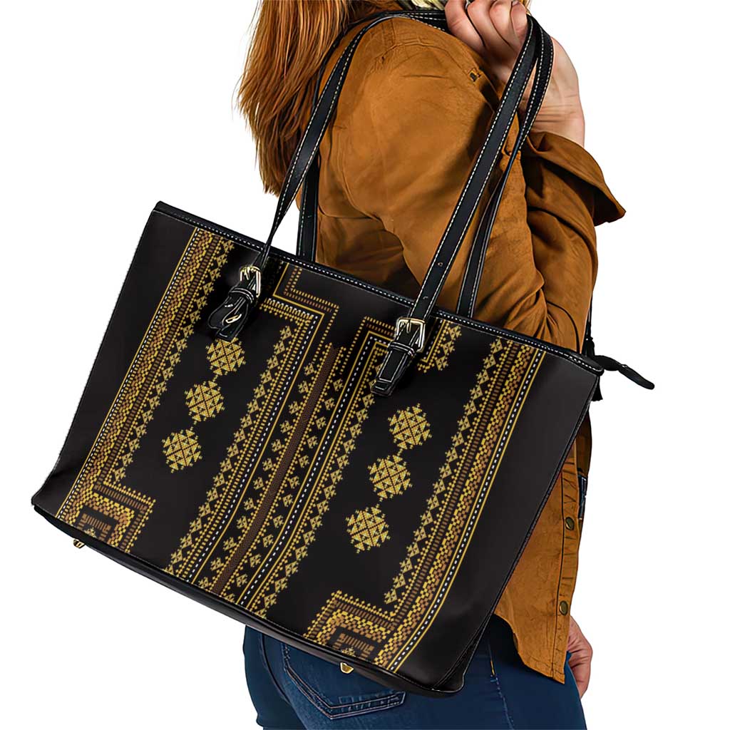 Bulgaria Traditional Pattern Gold Leather Tote Bag Balkan Culture LT01