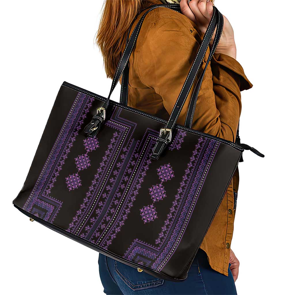 Bulgaria Traditional Pattern Purple Leather Tote Bag Balkan Culture LT01