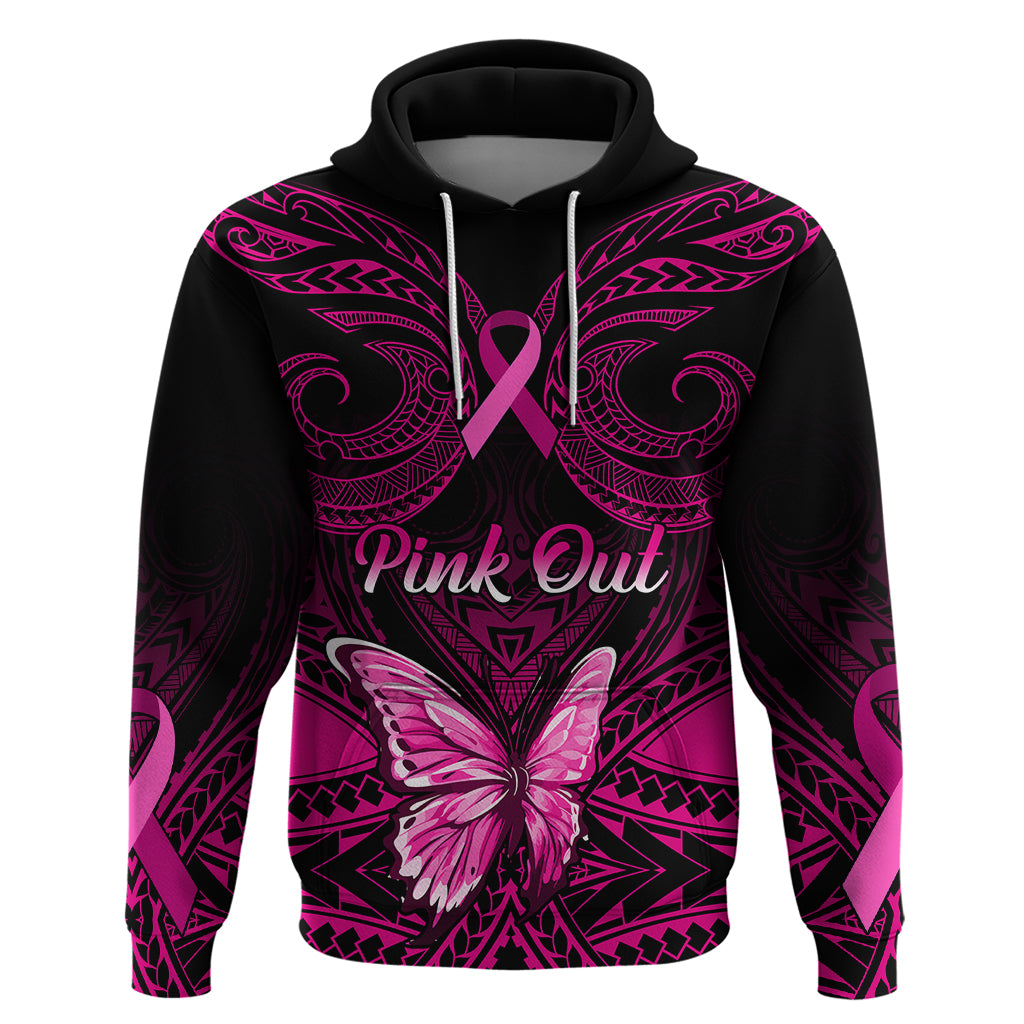 Personalised Pink Out Hoodie Breast Cancer Awareness Polynesian Pattern Black Version LT01