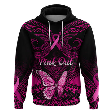 Personalised Pink Out Hoodie Breast Cancer Awareness Polynesian Pattern Black Version LT01