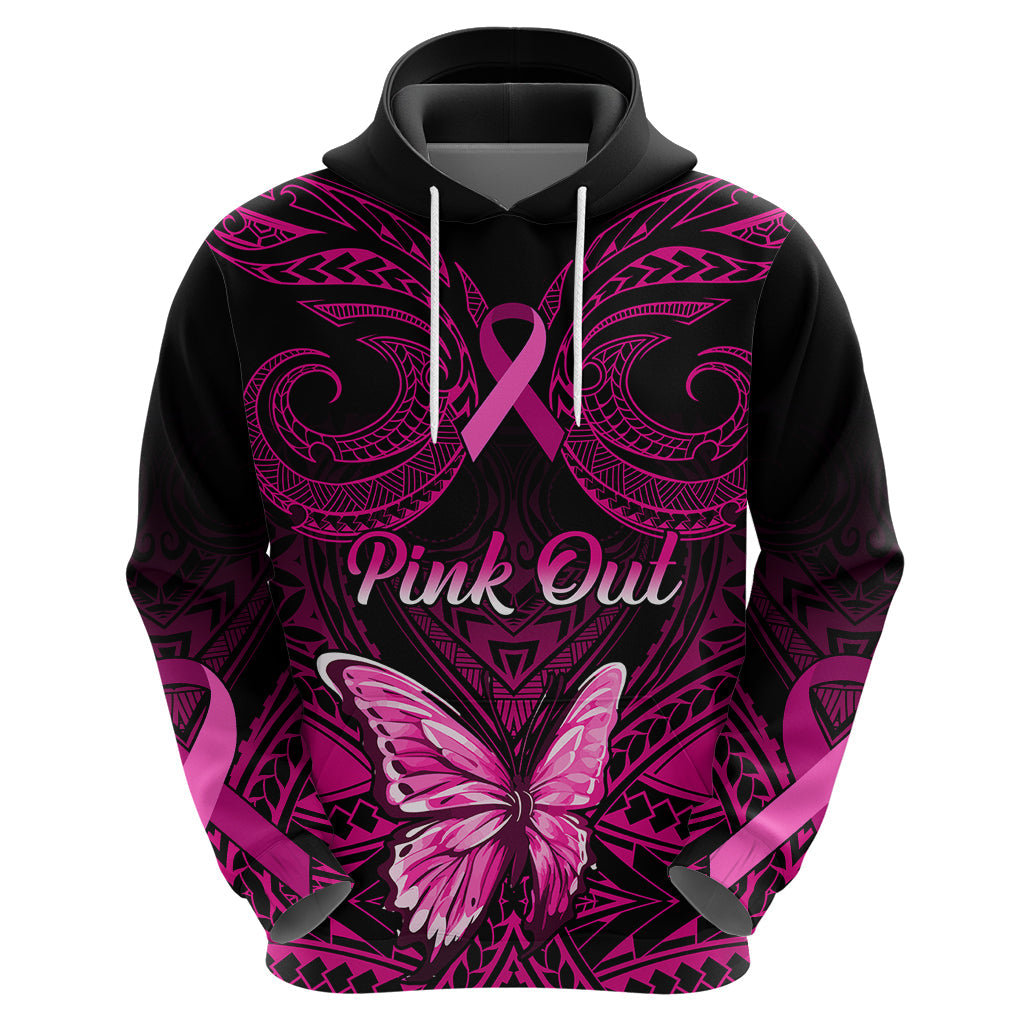Personalised Pink Out Hoodie Breast Cancer Awareness Polynesian Pattern Black Version LT01