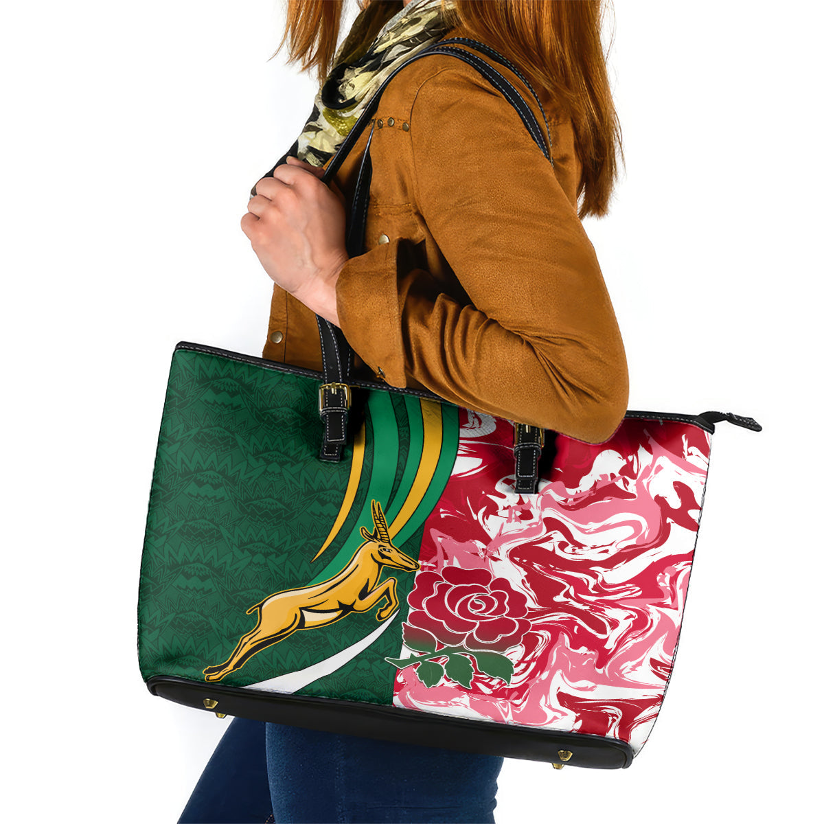 Custom South Africa and England Rugby Leather Tote Bag The Red Rose Protea Pattern LT01