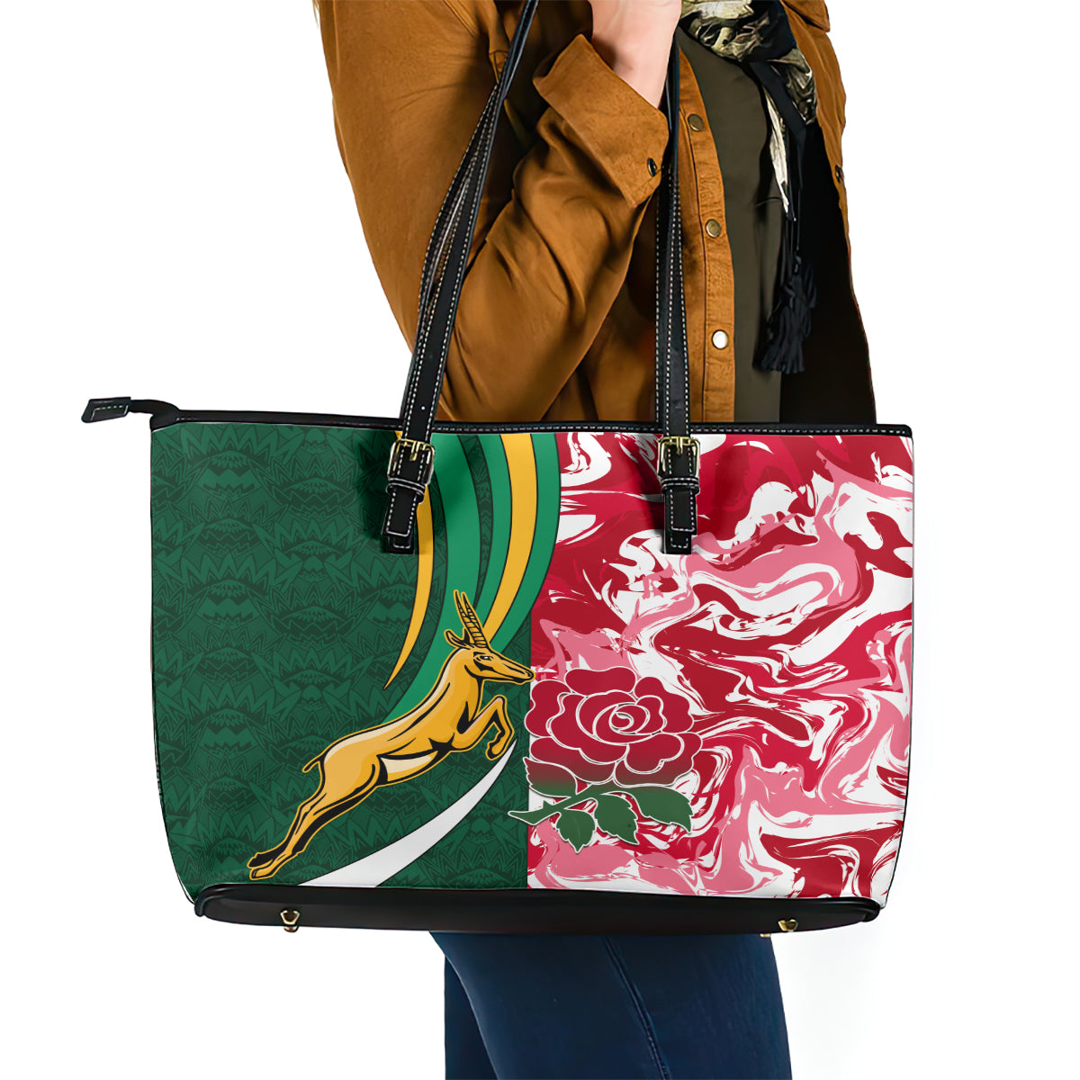 Custom South Africa and England Rugby Leather Tote Bag The Red Rose Protea Pattern LT01