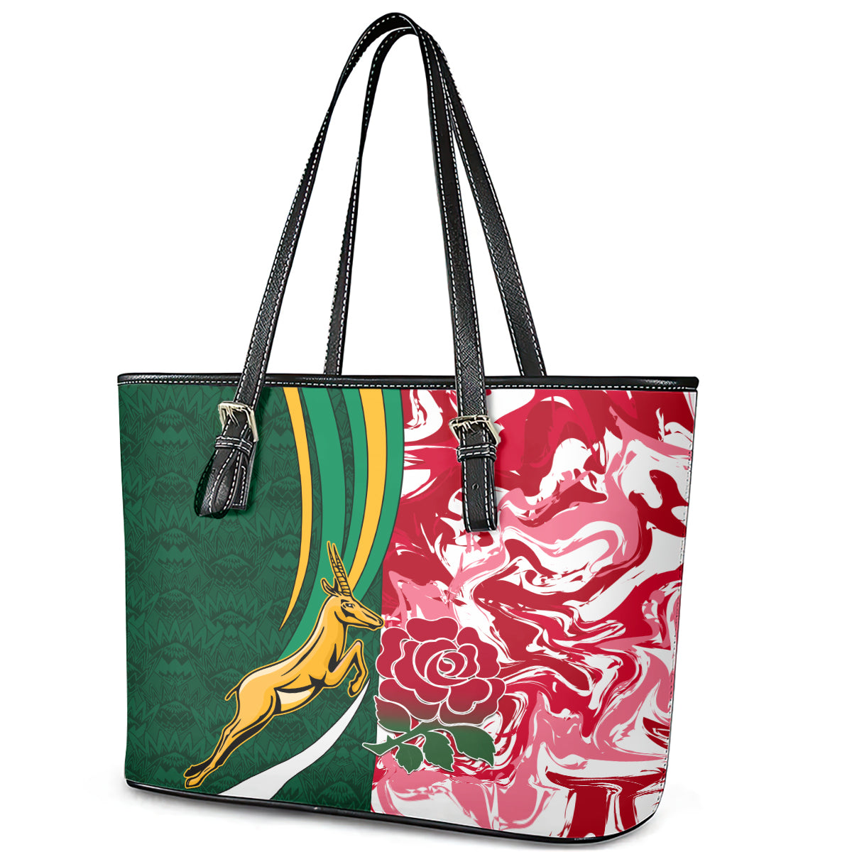 Custom South Africa and England Rugby Leather Tote Bag The Red Rose Protea Pattern LT01