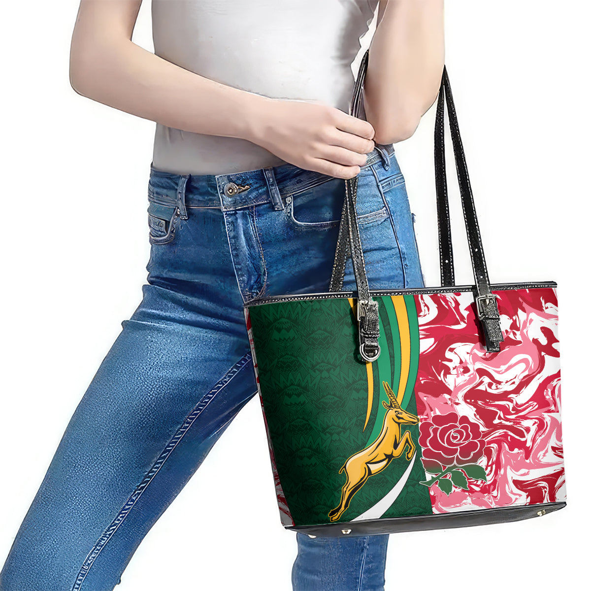 Custom South Africa and England Rugby Leather Tote Bag The Red Rose Protea Pattern LT01
