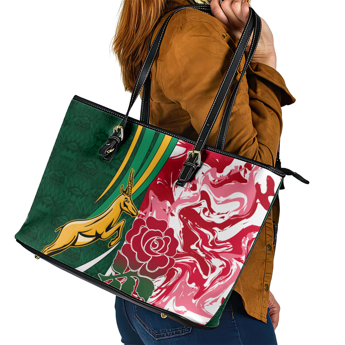 Custom South Africa and England Rugby Leather Tote Bag The Red Rose Protea Pattern LT01