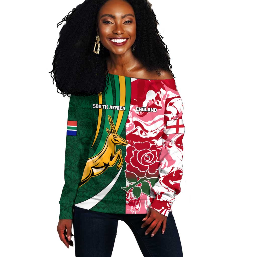 Custom South Africa and England Rugby Off Shoulder Sweater - The Red Rose with Protea Pattern LT01