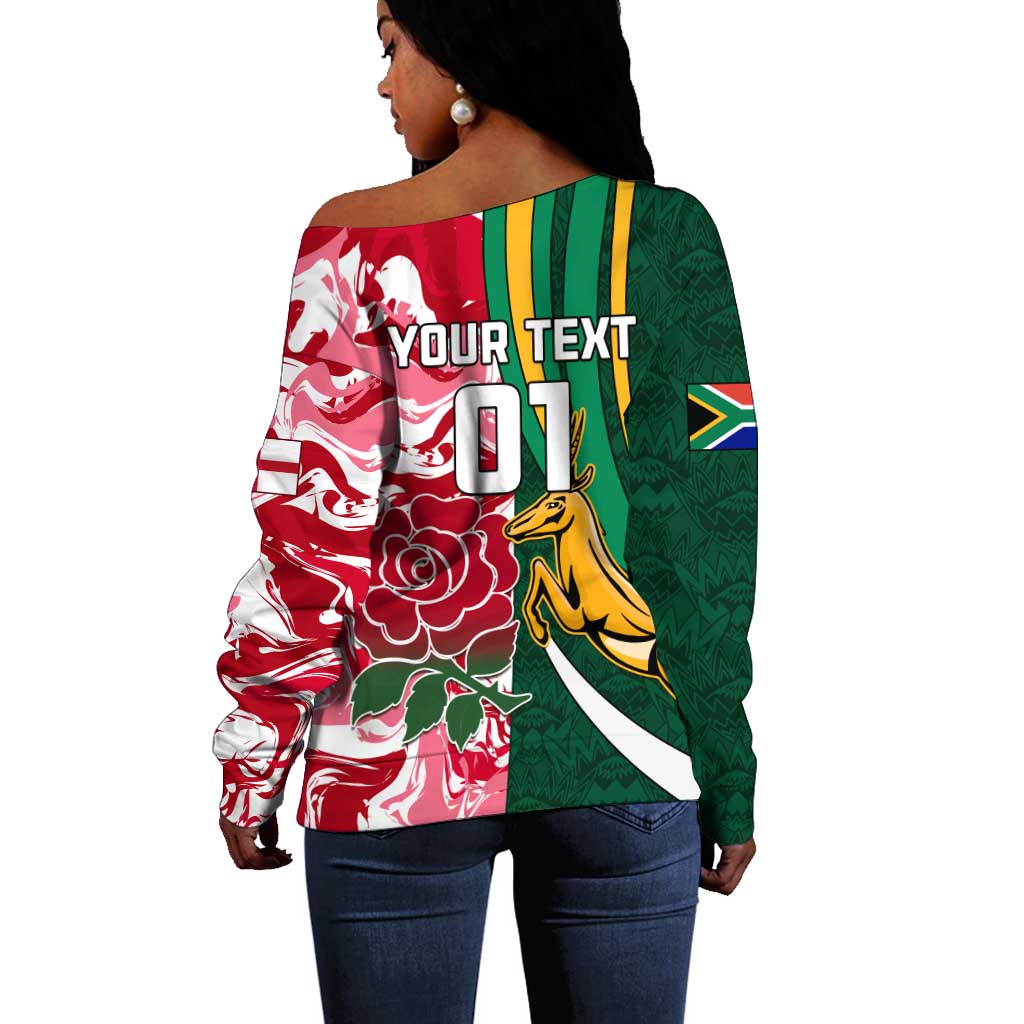 Custom South Africa and England Rugby Off Shoulder Sweater - The Red Rose with Protea Pattern LT01