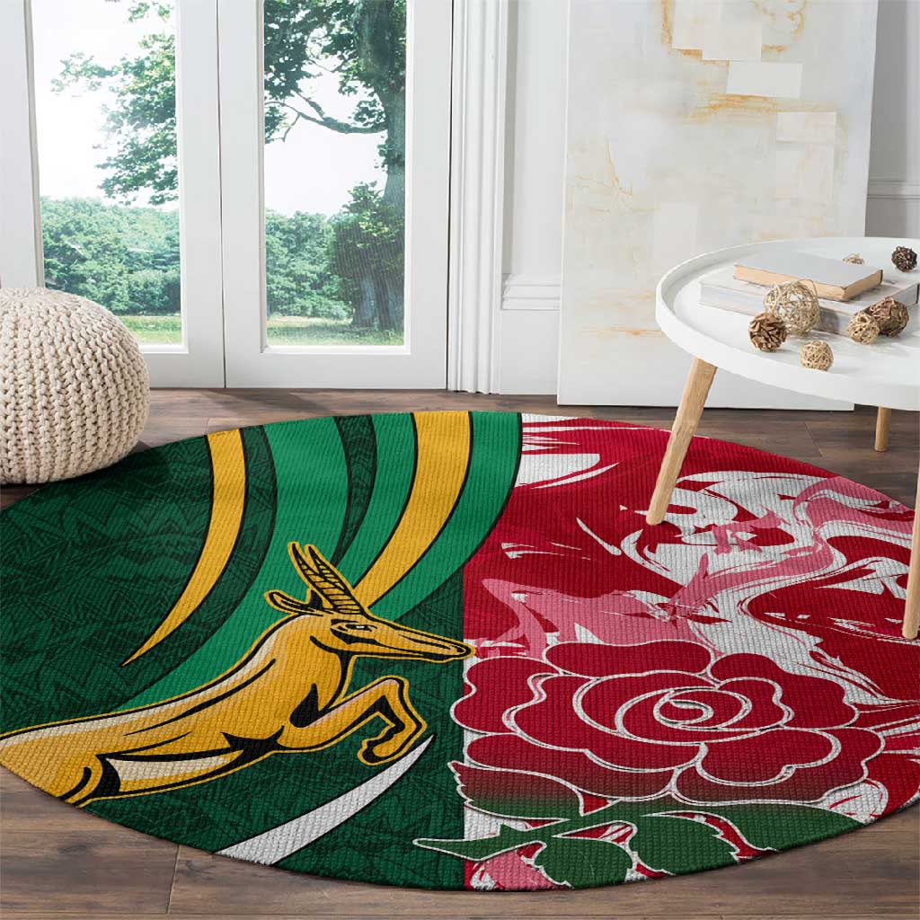 South Africa and England Rugby Round Carpet - The Red Rose with Protea Pattern LT01