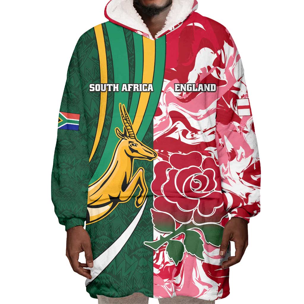 Custom South Africa and England Rugby Wearable Blanket Hoodie - The Red Rose with Protea Pattern LT01