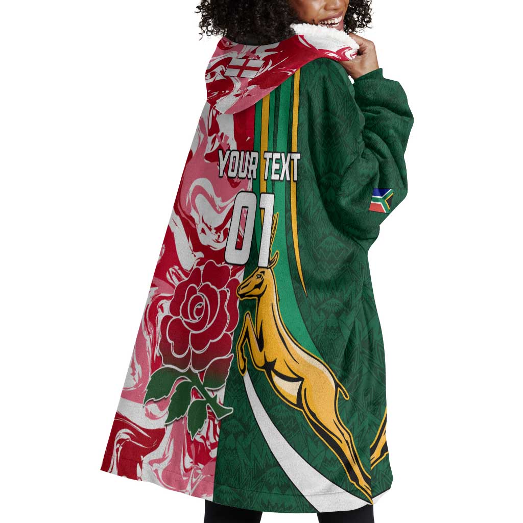 Custom South Africa and England Rugby Wearable Blanket Hoodie - The Red Rose with Protea Pattern LT01