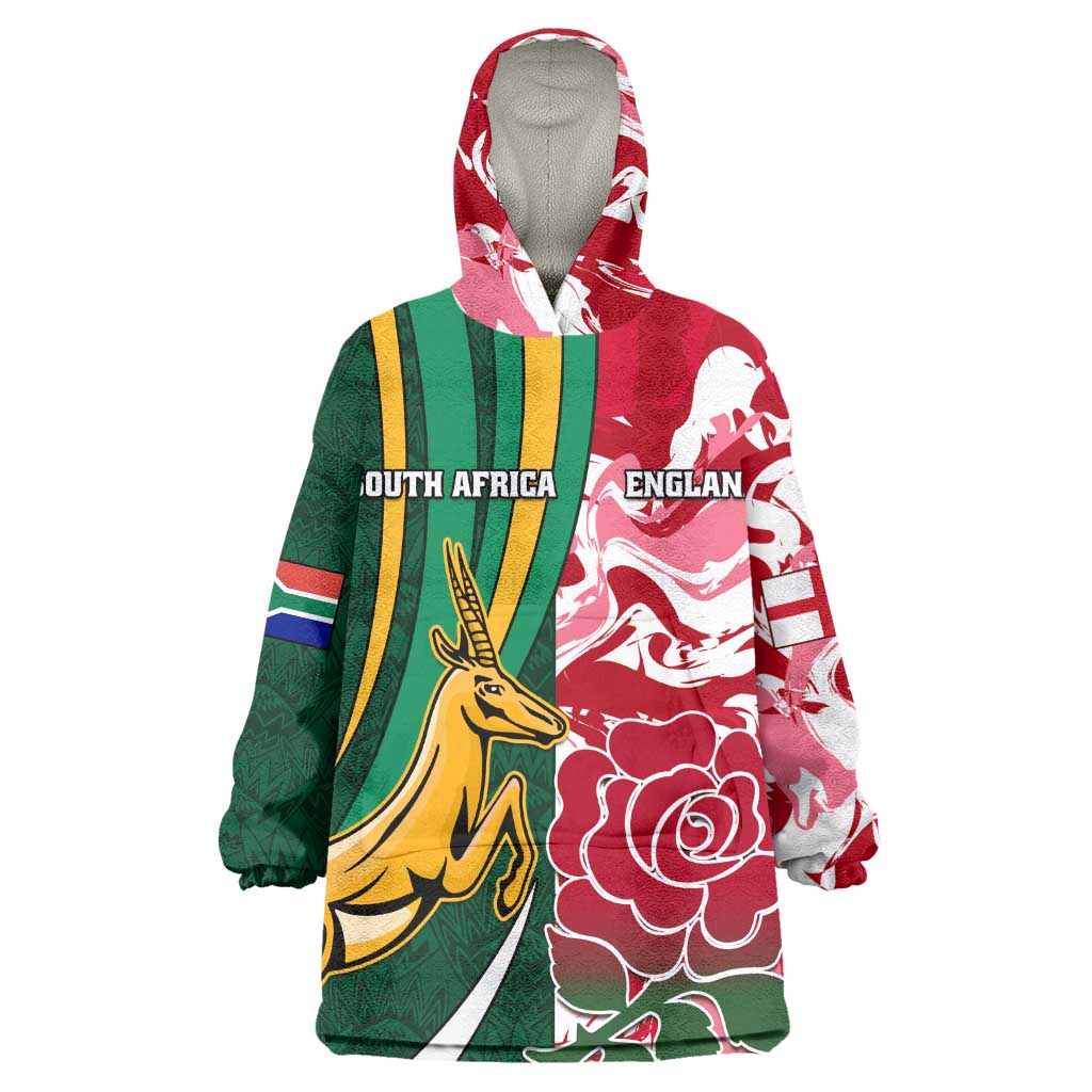 Custom South Africa and England Rugby Wearable Blanket Hoodie - The Red Rose with Protea Pattern LT01