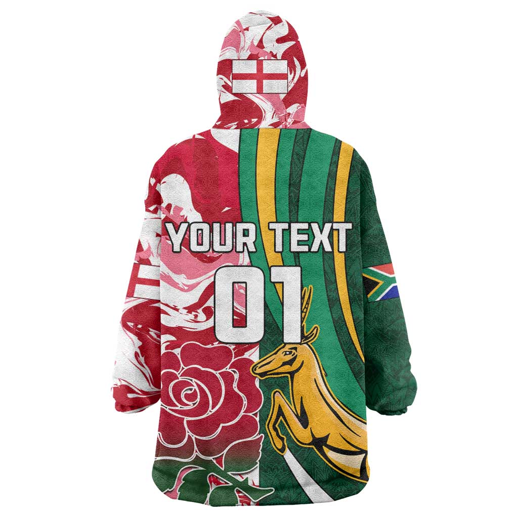 Custom South Africa and England Rugby Wearable Blanket Hoodie - The Red Rose with Protea Pattern LT01