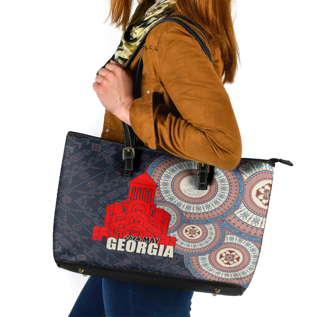Georgia Independence Day Leather Tote Bag Holy Trinity Cathedral of Tbilisi LT01
