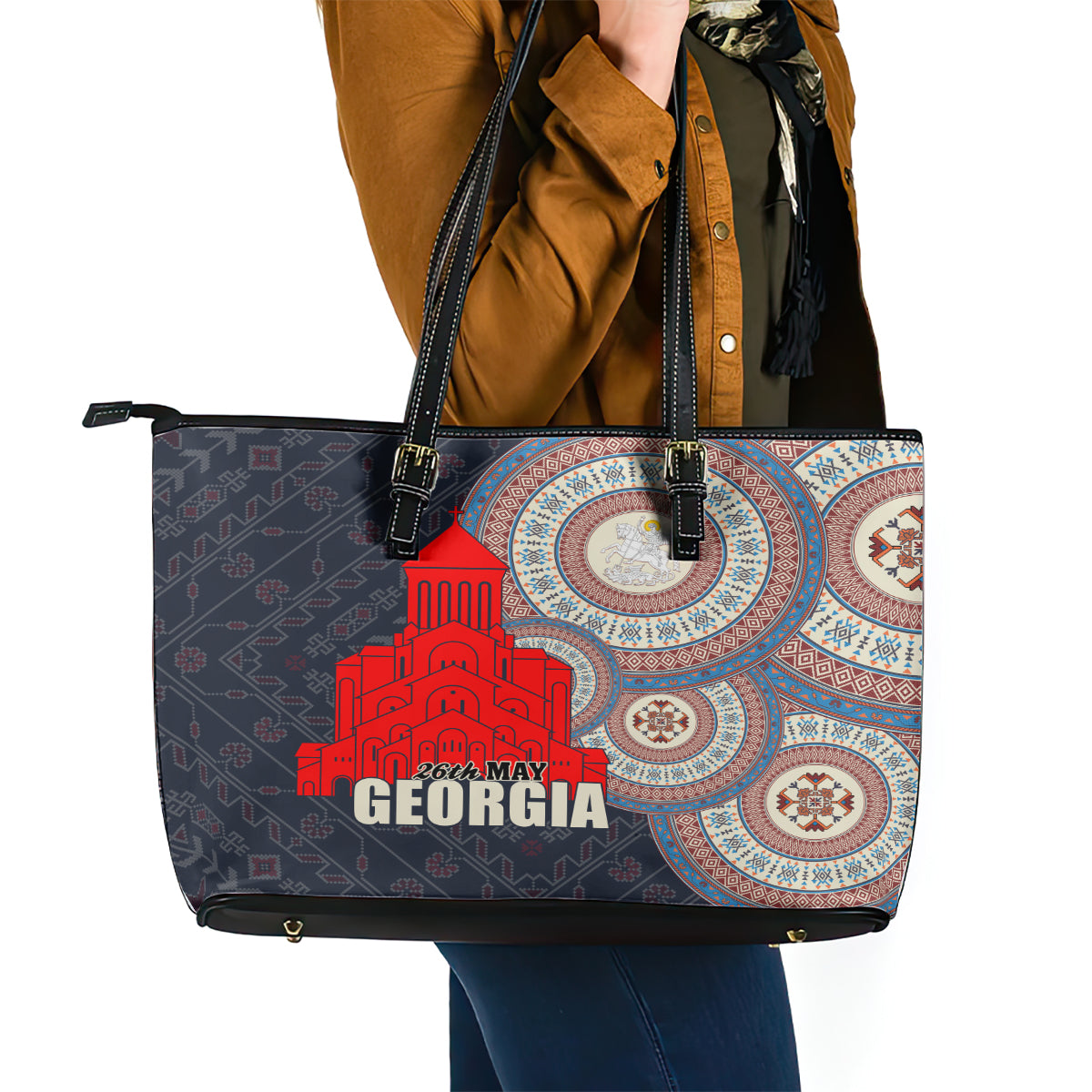 Georgia Independence Day Leather Tote Bag Holy Trinity Cathedral of Tbilisi LT01