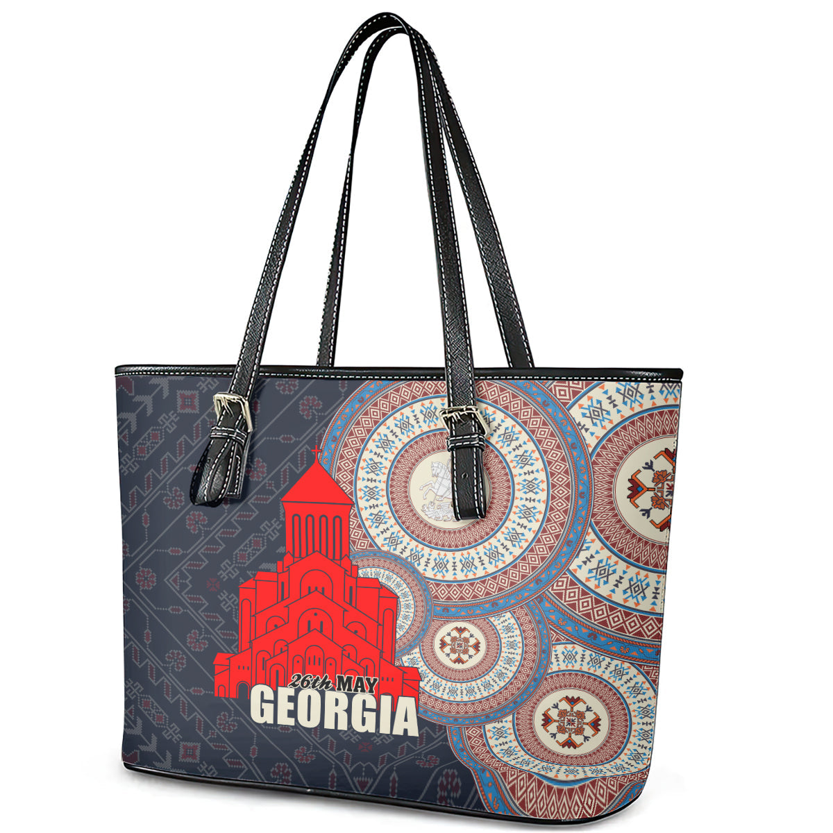 Georgia Independence Day Leather Tote Bag Holy Trinity Cathedral of Tbilisi LT01