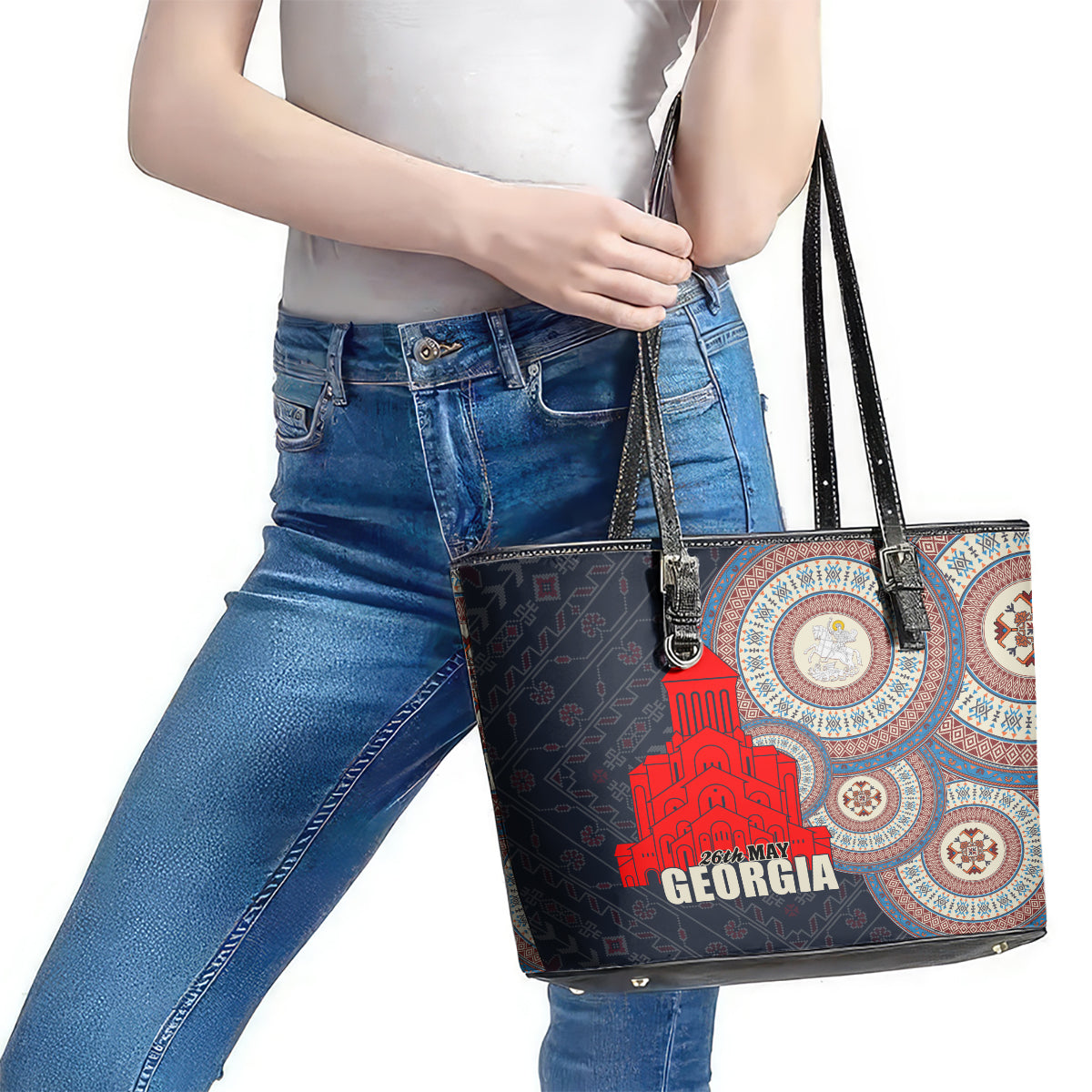 Georgia Independence Day Leather Tote Bag Holy Trinity Cathedral of Tbilisi LT01