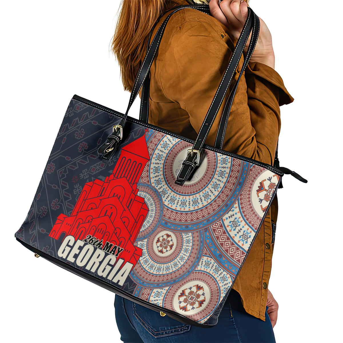 Georgia Independence Day Leather Tote Bag Holy Trinity Cathedral of Tbilisi LT01