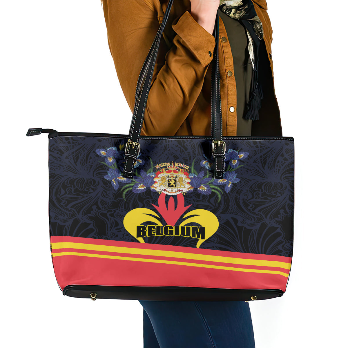 Belgium Iris Day Leather Tote Bag Royaume de Belgique Coat Of Arms LT01