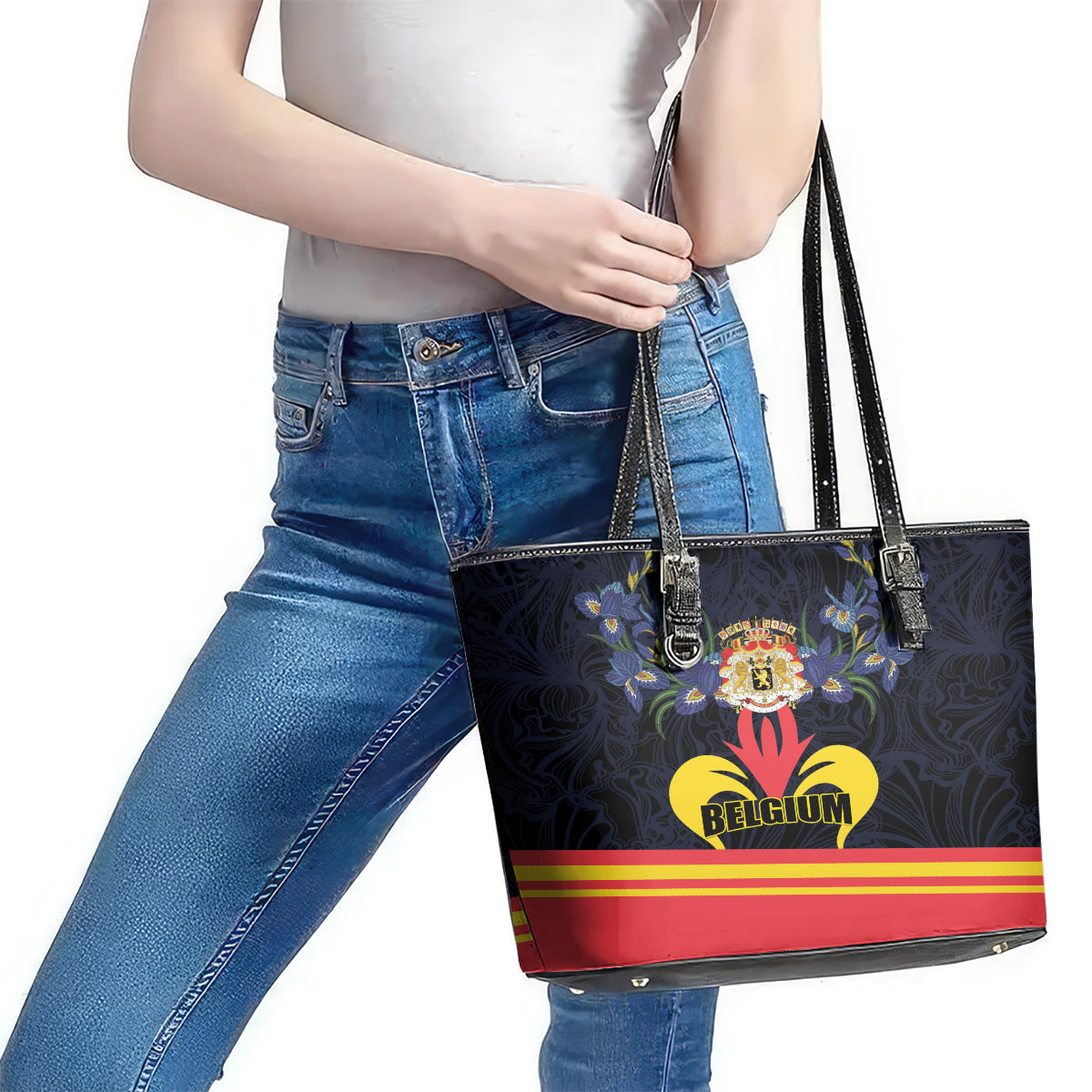 Belgium Iris Day Leather Tote Bag Royaume de Belgique Coat Of Arms LT01