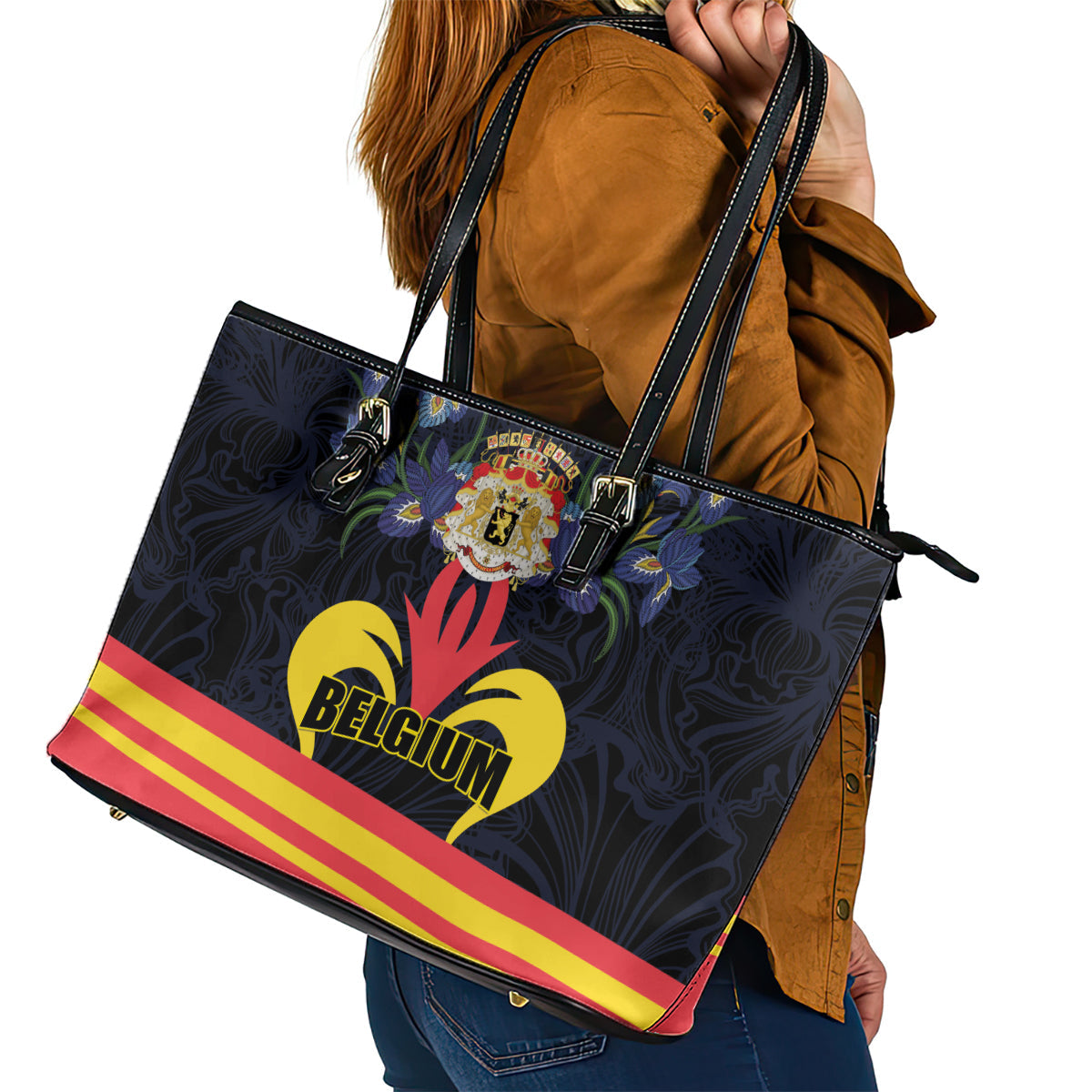 Belgium Iris Day Leather Tote Bag Royaume de Belgique Coat Of Arms LT01