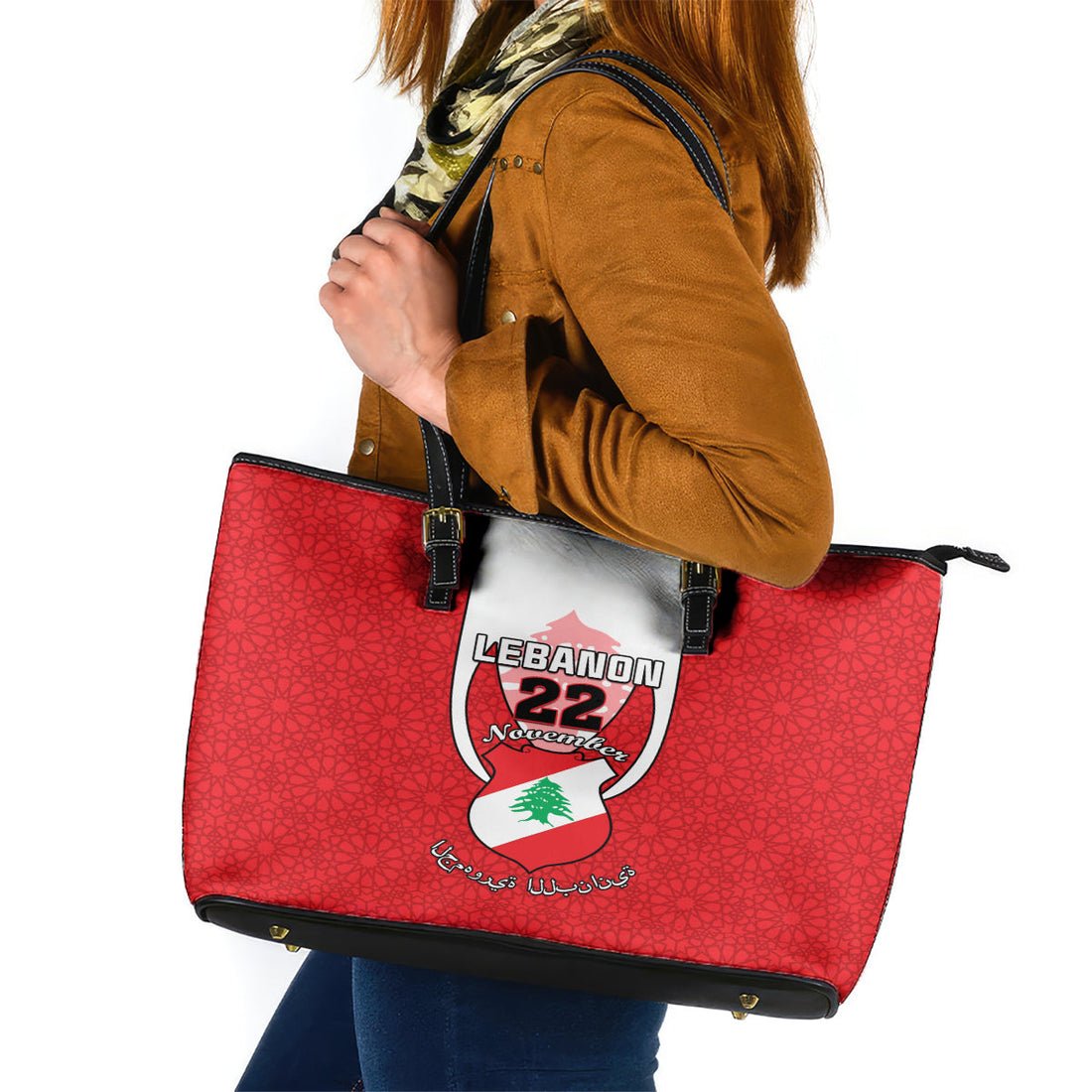 Lebanon Independence Day Leather Tote Bag Lebanese Coat Of Arms Islamic Pattern LT01