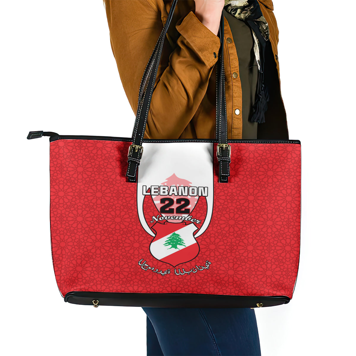 Lebanon Independence Day Leather Tote Bag Lebanese Coat Of Arms Islamic Pattern LT01