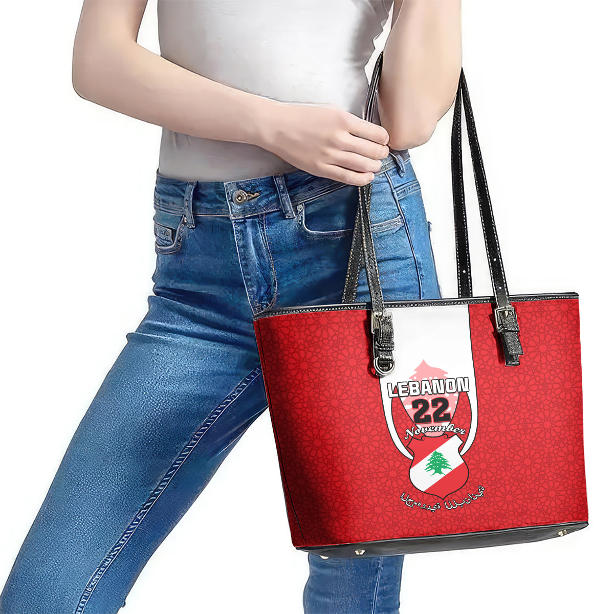 Lebanon Independence Day Leather Tote Bag Lebanese Coat Of Arms Islamic Pattern LT01