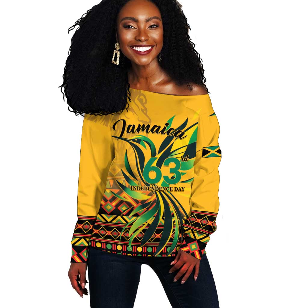 Personalized Black Jamaican Independence Day 1962 Off Shoulder Sweater Jumieka Streamertail Reggae Pattern LT01
