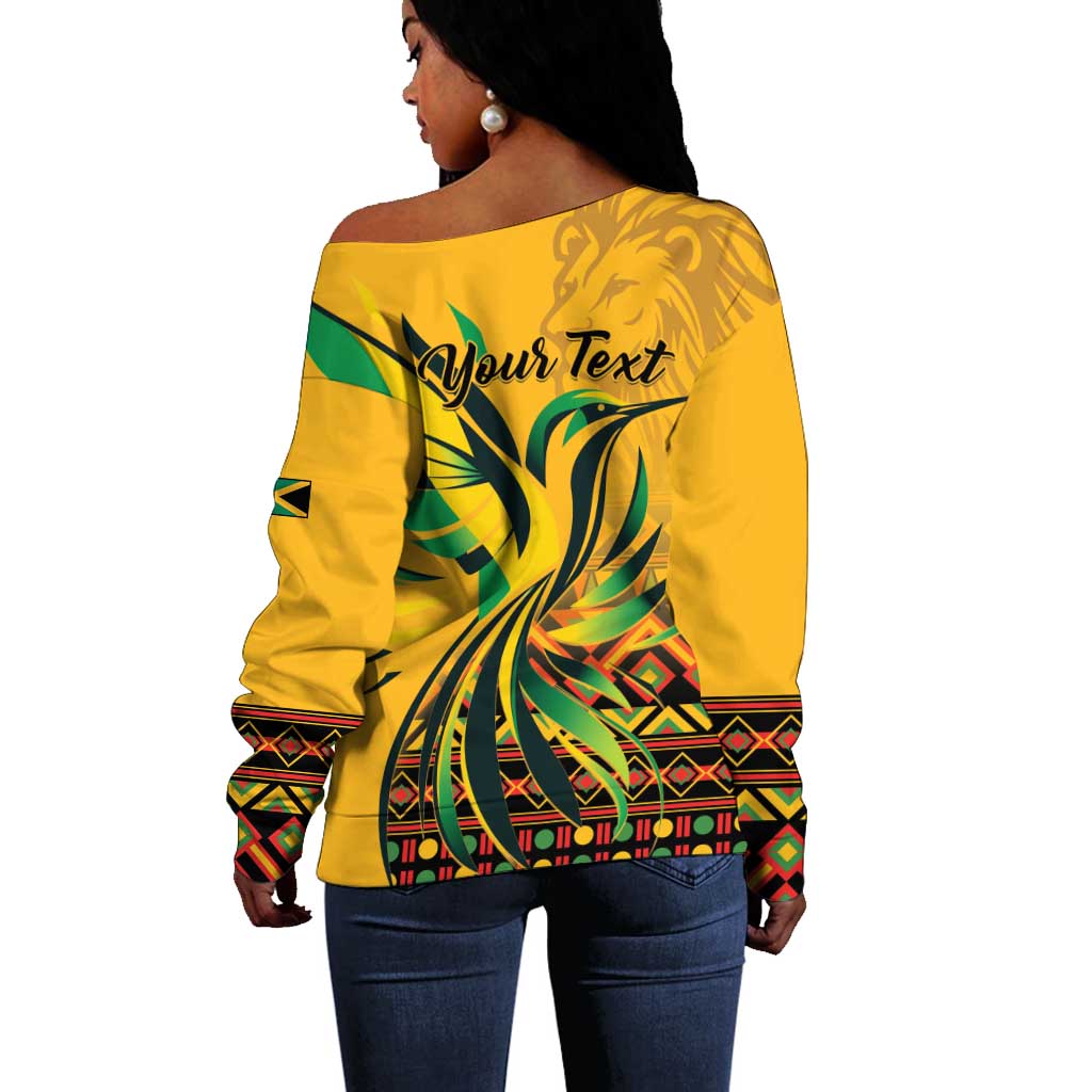 Personalized Black Jamaican Independence Day 1962 Off Shoulder Sweater Jumieka Streamertail Reggae Pattern LT01