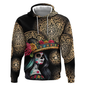 La Calavera Catrina Aztec Circle Hoodie Dia de Muertos LT01