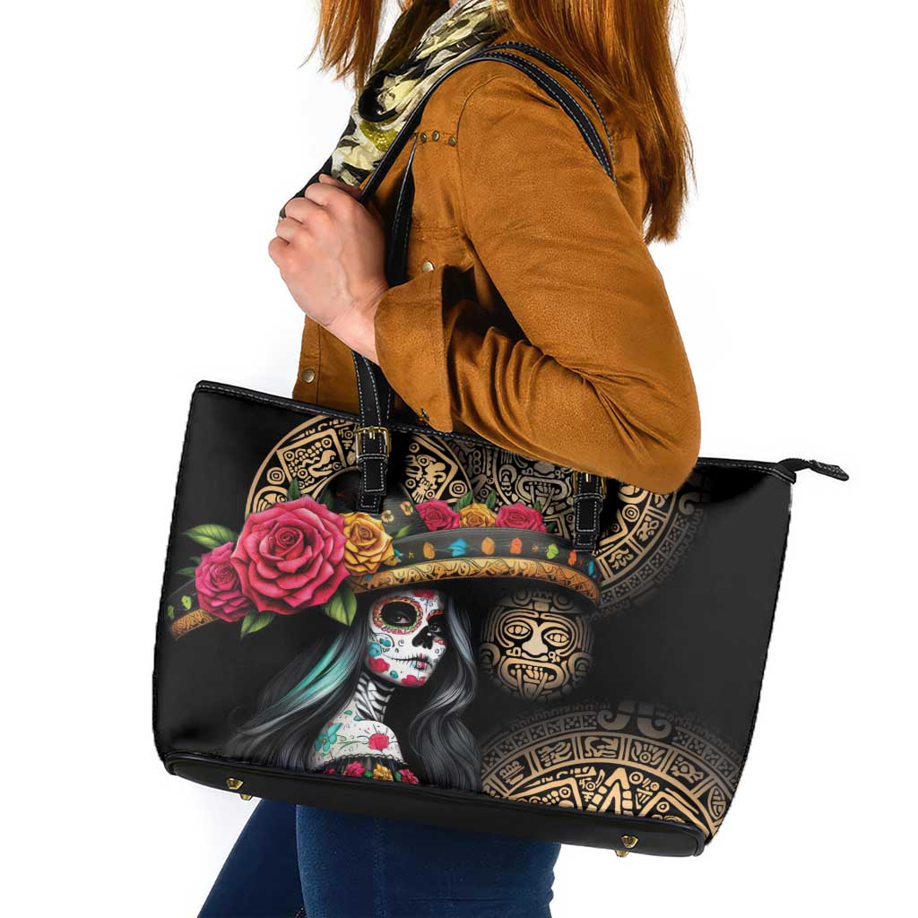 La Calavera Catrina Aztec Circle Leather Tote Bag Dia de Muertos LT01