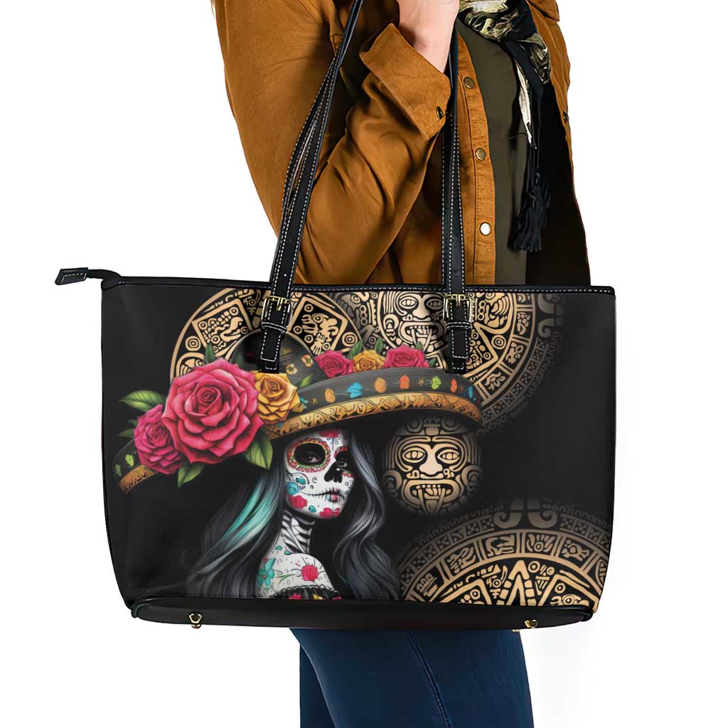 La Calavera Catrina Aztec Circle Leather Tote Bag Dia de Muertos LT01