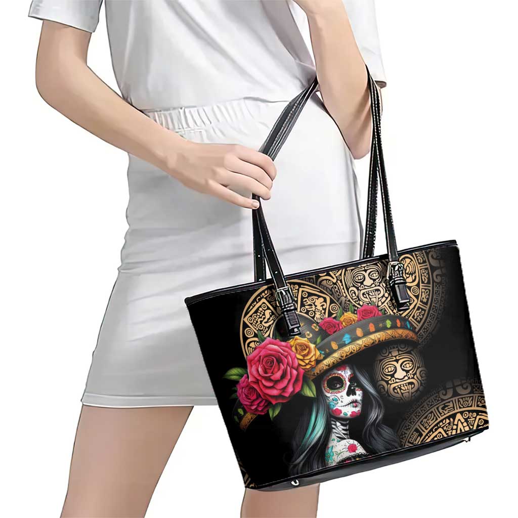 La Calavera Catrina Aztec Circle Leather Tote Bag Dia de Muertos LT01