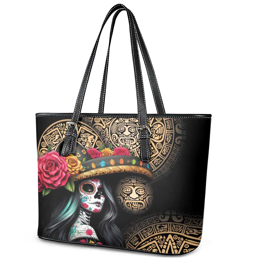 La Calavera Catrina Aztec Circle Leather Tote Bag Dia de Muertos LT01